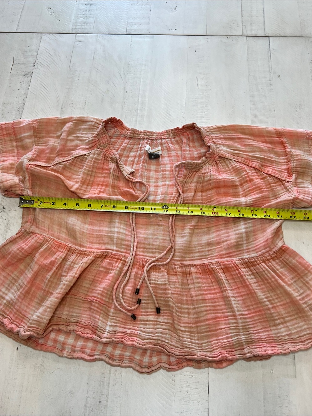 Anthropologie Pilcro Bette Peach Plaid  Blouse Drawstring SP Boho Cottagecore - Picture 6 of 8